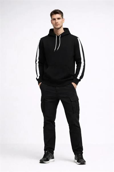 Erkek Şeritli Kapüşonlu Sweatshirt Oversize 3 Iplik Pamuklu - Siyah