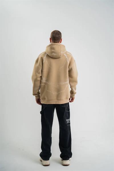Erkek Şimşek Baskılı Kapşonlu Sweatshirt Üç İplik Pamuklu Kanguru Cepli Double Oversize Hoodie - Bej
