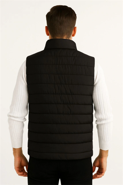 Erkek Şişme Fermuarlı Yelek Su Itici Kapitone Astarlı Kumaş Cepli Hafif Kışlık Spor Rahat Kalıp - Siyah