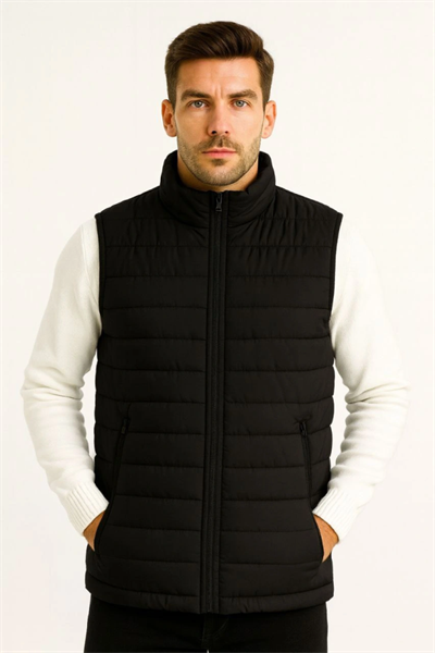 Erkek Şişme Fermuarlı Yelek Su Itici Kapitone Astarlı Kumaş Cepli Hafif Kışlık Spor Rahat Kalıp - Siyah