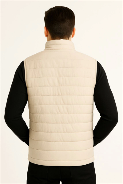 Erkek Şişme Fermuarlı Yelek Su Itici Kapitone Astarlı Kumaş Cepli Hafif Kışlık Spor Rahat Kalıp -Bej