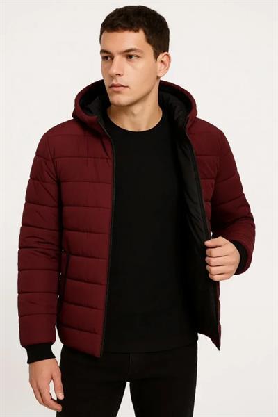 Erkek Şişme Kapüşonlu Fermuarlı Mont Su Itici Kapitone Astarlı Kumaş Cepli Kışlık Rahat Kalıp - Bordo