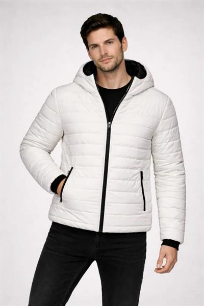 Erkek Şişme Kapüşonlu Fermuarlı Mont Su Itici Kapitone Astarlı Kumaş Cepli Kışlık Rahat Kalıp - Krem