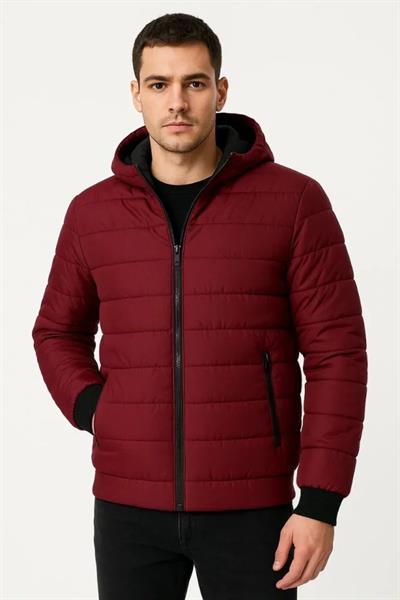 Erkek Şişme Kapüşonlu Fermuarlı Mont Su Itici Kapitone Astarlı Kumaş Cepli Kışlık Rahat Kalıp - Bordo