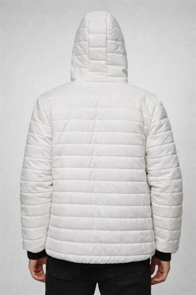 Erkek Şişme Kapüşonlu Fermuarlı Mont Su Itici Kapitone Astarlı Kumaş Cepli Kışlık Rahat Kalıp - Krem