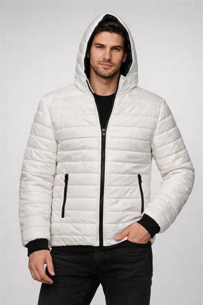 Erkek Şişme Kapüşonlu Fermuarlı Mont Su Itici Kapitone Astarlı Kumaş Cepli Kışlık Rahat Kalıp - Krem