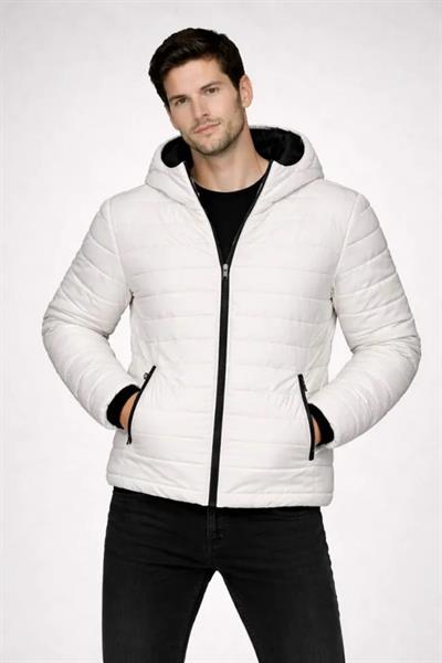 Erkek Şişme Kapüşonlu Fermuarlı Mont Su Itici Kapitone Astarlı Kumaş Cepli Kışlık Rahat Kalıp - Krem