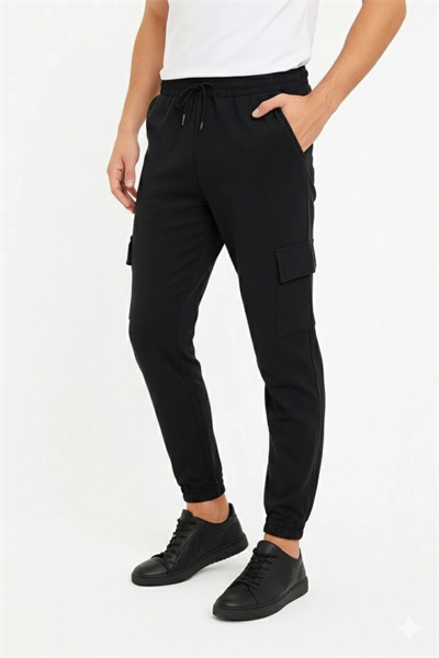 Erkek Siyah Jogger Eşofman Altı Rahat Kalıp, Kargo Cepli, Lastikli Paça, Günlük Spor Pantolon - Siyah