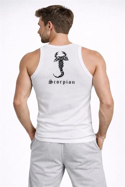 Erkek Spor Fitilli Atlet 2li Set Kahverengi Ve Beyaz Slim Fit Kaşkorse Arka Baskılı Spor Atlet