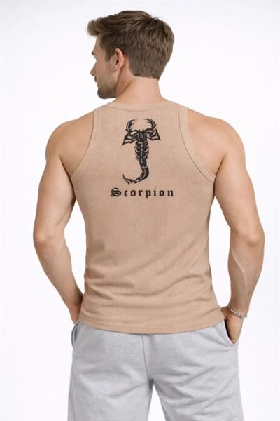 Erkek Spor Fitilli Atlet 2li Set Kahverengi Ve Beyaz Slim Fit Kaşkorse Arka Baskılı Spor Atlet