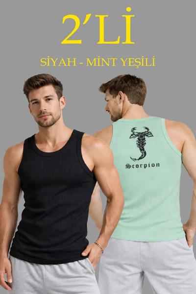 Erkek Spor Fitilli Atlet 2li Set Siyah Ve Mint Yeşili Slim Fit Kaşkorse Arka Baskılı Spor Atlet