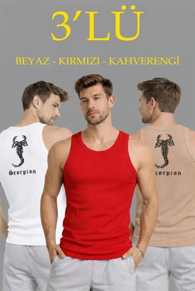 Erkek Spor Fitilli Atlet 3lü Set Beyaz, Kırmızı Ve Kahverengi Slim Fit Kaşkorse Arka Baskılı Spor Atlet