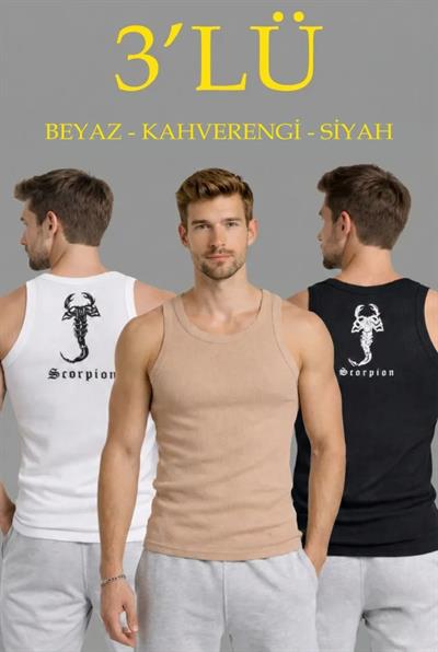 Erkek Spor Fitilli Atlet 3lü Set Beyaz, Siyah Ve Kahverengi Slim Fit Kaşkorse Arka Baskılı Spor Atlet