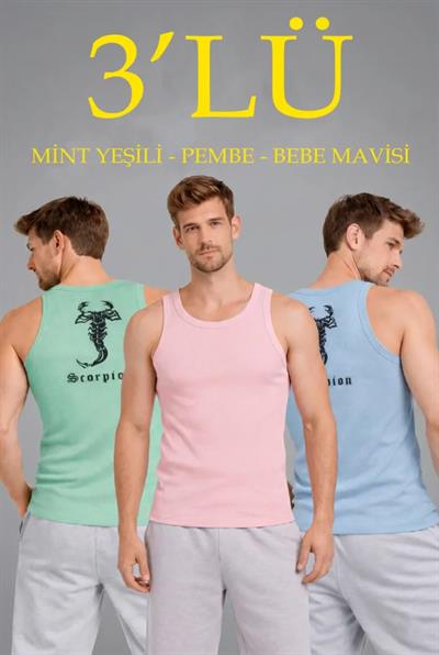 Erkek Spor Fitilli Atlet 3lü Set Mint Yeşili, Pembe Ve Bebek Mavisi Slim Fit Kaşkorse Arka Baskılı Spor Atlet