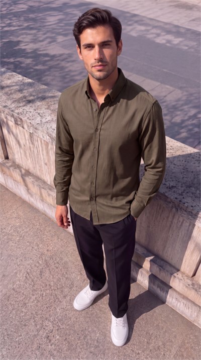 Erkek Standart Kesim Gabardin Kumaş Uzun Kollu Gömlek