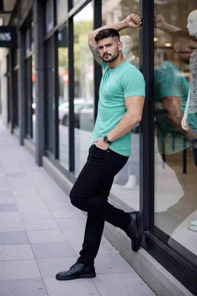 Erkek T-Shirt Bisiklet Yaka Slim Fit Dar Kesim Likralı Tişört Günlük Basic Body - Turkuvaz