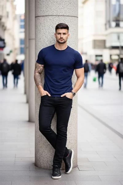 Erkek T-Shirt Bisiklet Yaka Slim Fit Dar Kesim Likralı Tişört Günlük Basic Body - Lacivert