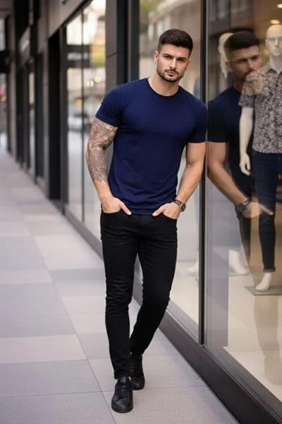 Erkek T-Shirt Bisiklet Yaka Slim Fit Dar Kesim Likralı Tişört Günlük Basic Body - Lacivert