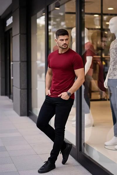Erkek T-Shirt Bisiklet Yaka Slim Fit Dar Kesim Likralı Tişört Günlük Basic Body - Bordo