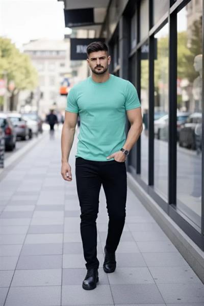 Erkek T-Shirt Bisiklet Yaka Slim Fit Dar Kesim Likralı Tişört Günlük Basic Body - Turkuvaz