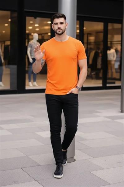 Erkek T-Shirt Bisiklet Yaka Slim Fit Dar Kesim Likralı Tişört Günlük Basic Body - Turuncu