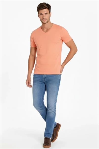 Erkek T-Shirt V Yaka Slim Fit Dar Kesim Likralı Tişört Günlük Basic Body - Toz Pembe