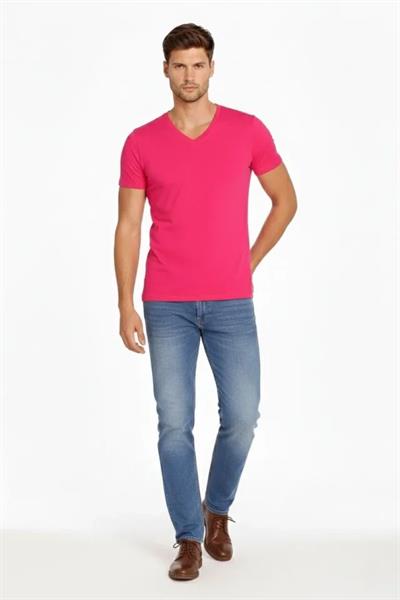 Erkek T-Shirt V Yaka Slim Fit Dar Kesim Likralı Tişört Günlük Basic Body - Pembe