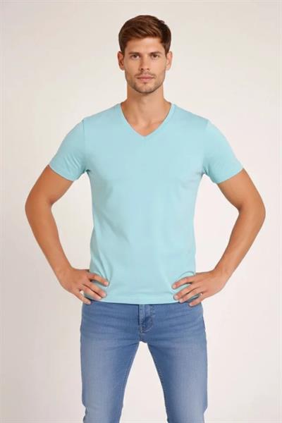 Erkek T-Shirt V Yaka Slim Fit Dar Kesim Likralı Tişört Günlük Basic Body - Turkuvaz