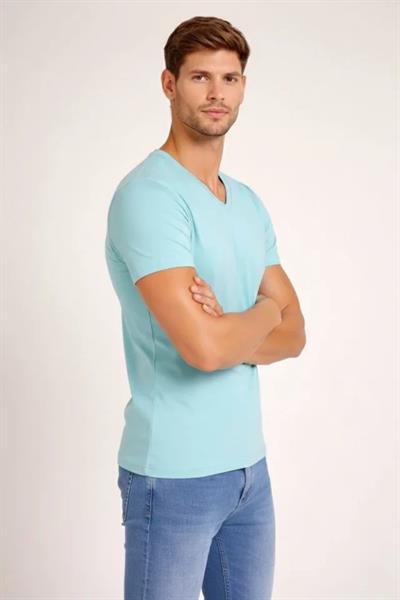 Erkek T-Shirt V Yaka Slim Fit Dar Kesim Likralı Tişört Günlük Basic Body - Turkuvaz