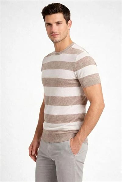 Erkek T-shirt Çizgili Triko Dokuma Bisiklet Yaka Tişört - Bej