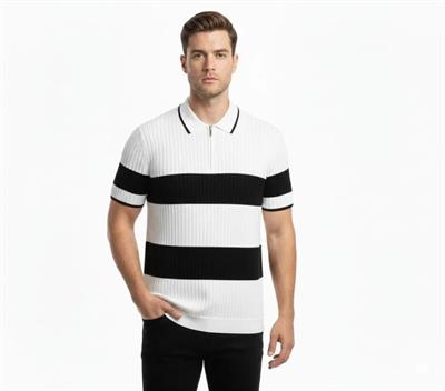 Erkek T-shirt Çizgili Triko Dokuma Kumaş Polo Yaka Yarım Fermuarlı Regular Kalıp Tişört - Beyaz