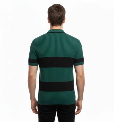 Erkek T-shirt Çizgili Triko Dokuma Kumaş Polo Yaka Yarım Fermuarlı Regular Kalıp Tişört - Çağla Yeşili