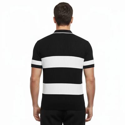 Erkek T-shirt Çizgili Triko Dokuma Kumaş Polo Yaka Yarım Fermuarlı Regular Kalıp Tişört - Siyah