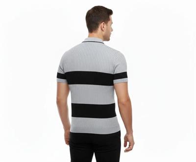 Erkek T-shirt Çizgili Triko Dokuma Kumaş Polo Yaka Yarım Fermuarlı Regular Kalıp Tişört - Gri