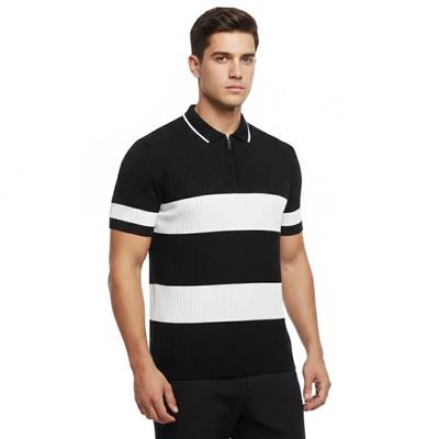 Erkek T-shirt Çizgili Triko Dokuma Kumaş Polo Yaka Yarım Fermuarlı Regular Kalıp Tişört - Siyah