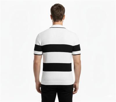 Erkek T-shirt Çizgili Triko Dokuma Kumaş Polo Yaka Yarım Fermuarlı Regular Kalıp Tişört - Beyaz