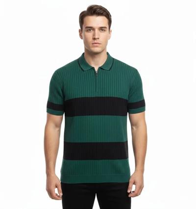 Erkek T-shirt Çizgili Triko Dokuma Kumaş Polo Yaka Yarım Fermuarlı Regular Kalıp Tişört - Çağla Yeşili