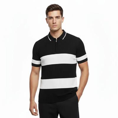 Erkek T-shirt Çizgili Triko Dokuma Kumaş Polo Yaka Yarım Fermuarlı Regular Kalıp Tişört - Siyah
