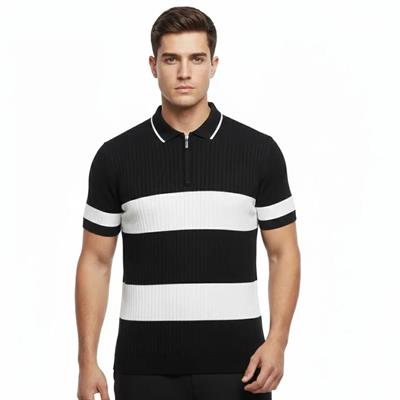 Erkek T-shirt Çizgili Triko Dokuma Kumaş Polo Yaka Yarım Fermuarlı Regular Kalıp Tişört - Siyah