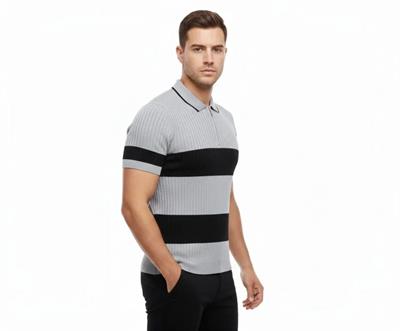 Erkek T-shirt Çizgili Triko Dokuma Kumaş Polo Yaka Yarım Fermuarlı Regular Kalıp Tişört - Gri
