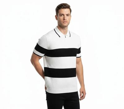 Erkek T-shirt Çizgili Triko Dokuma Kumaş Polo Yaka Yarım Fermuarlı Regular Kalıp Tişört - Beyaz