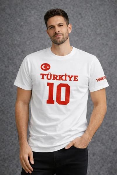 Erkek TÜRKİYE Ay Yıldız Baskılı 10 Numara Forma Tişört Taraftar T-Shirt - Beyaz