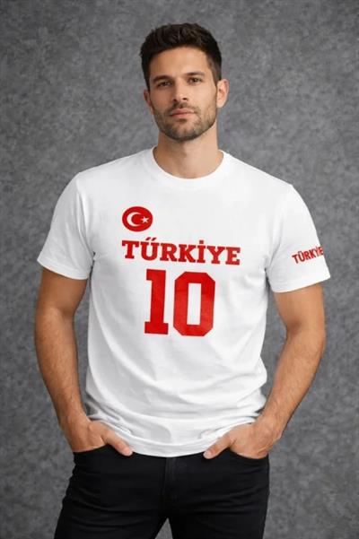 Erkek TÜRKİYE Ay Yıldız Baskılı 10 Numara Forma Tişört Taraftar T-Shirt - Beyaz