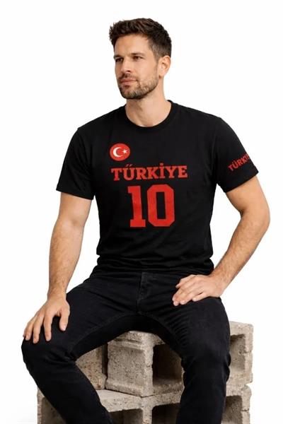 Erkek TÜRKİYE Ay Yıldız Baskılı 10 Numara Forma Tişört Taraftar T-Shirt - Siyah