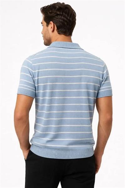 Erkek Triko Polo Yaka Fermuarlı Çizgili Tişört T-Shirt Yazlık Şık - Bebek Mavisi