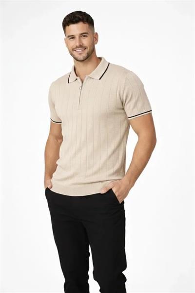 Erkek Triko Tişört Fermuar Yakalı Kısa Kol T-Shirt 3’lü Set Bej-Beyaz-Siyah