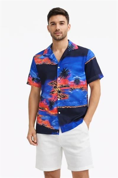 Erkek Tropikal Ada Manzara Desenli Kısa Kol Gömlek Hawaii Tarz Yazlık Rahat Kalıp - Desenli