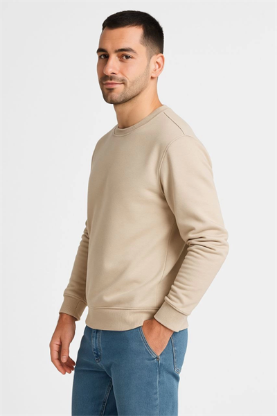 Erkek Üç İplik Düz Bisiklet Yaka SweatShirt - Bej