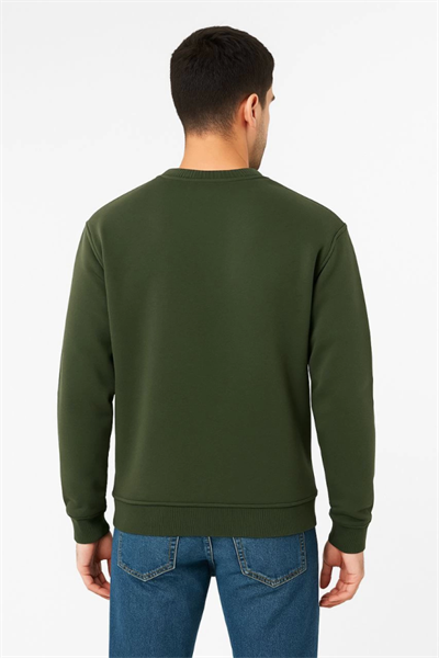 Erkek Üç İplik Düz Bisiklet Yaka SweatShirt - Haki