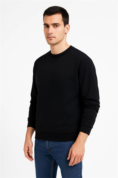 Erkek Üç İplik Düz Bisiklet Yaka SweatShirt - Siyah